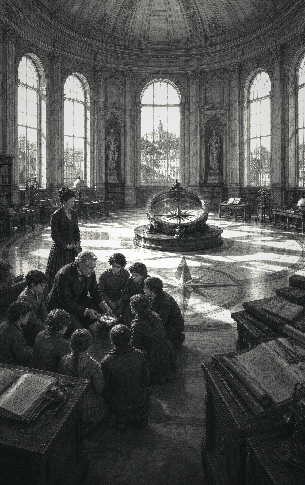 Master Polaris teaching children around a compass beneath the dome of Compass Hall