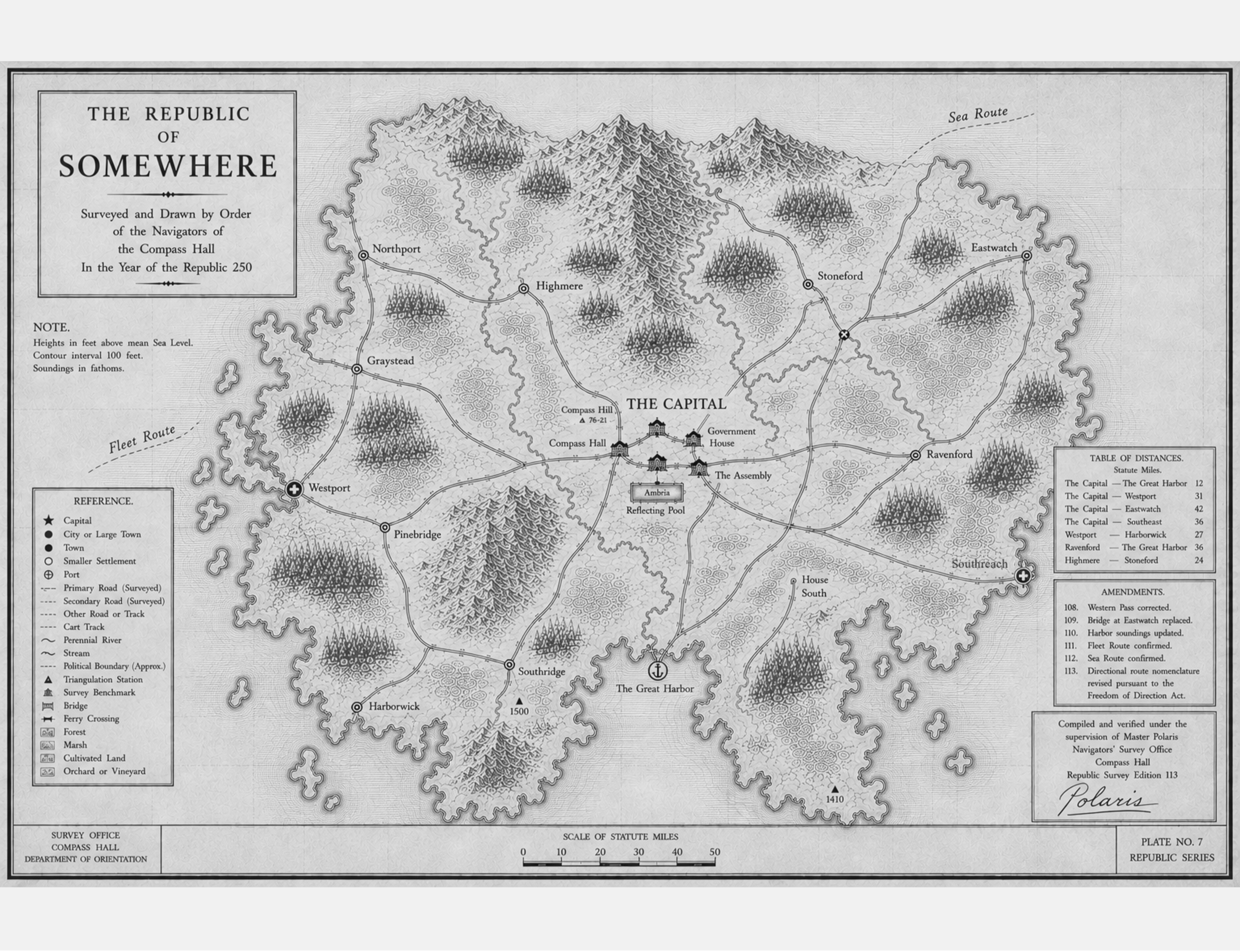 Detail from Plate No. 7, Edition 113, showing revised compass and survey notation